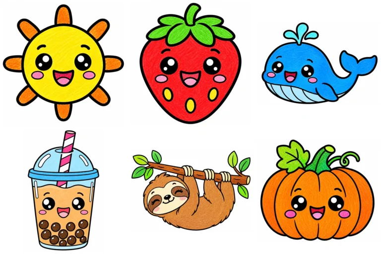 Six cute coloring pages colored in: sun, strawberry, whale, boba tea, sloth and pumpkin