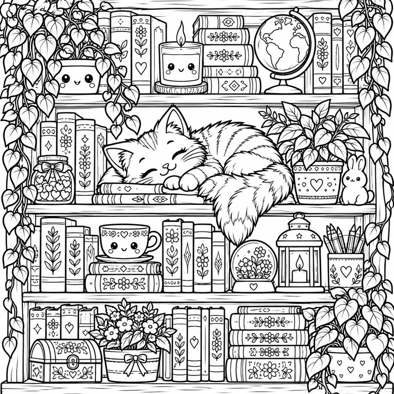 Cute Bookshelf Nook coloring page