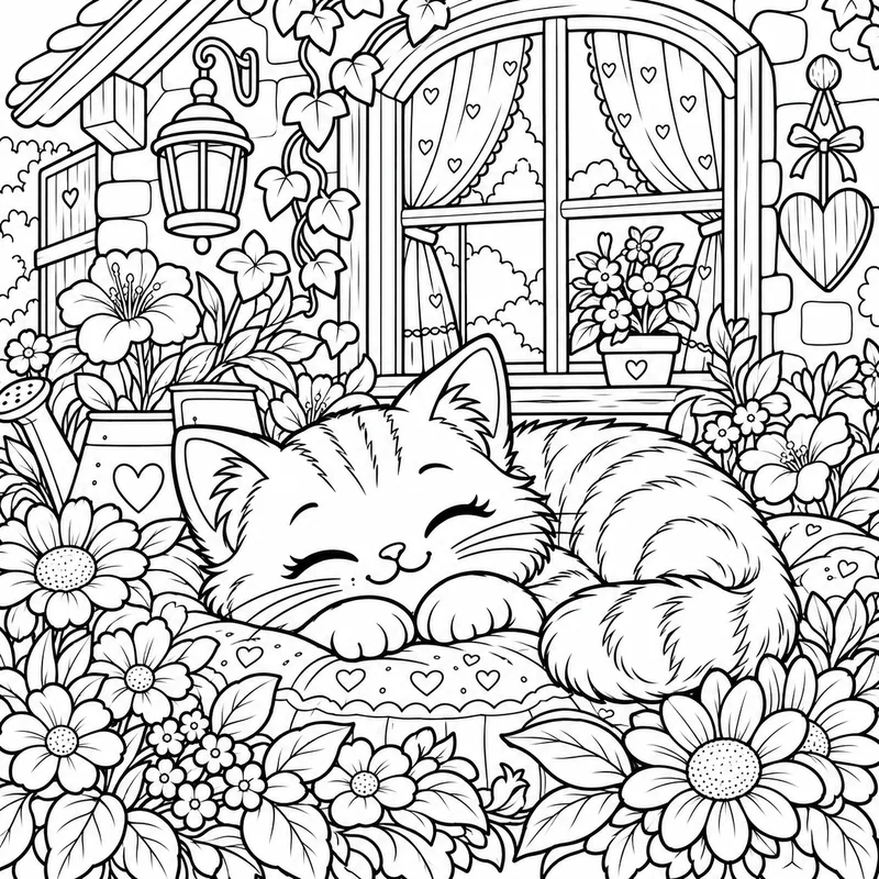 Cute Cottage Garden Cat coloring page