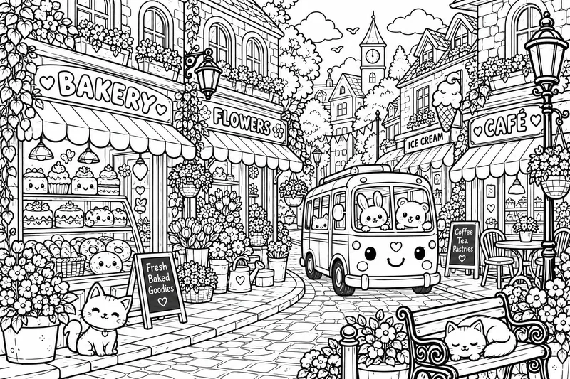 Cute Kawaii City Street coloring page