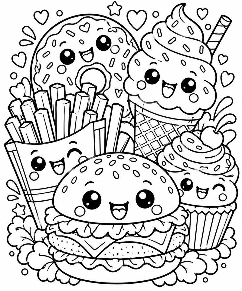 Cute Kawaii Food Pile coloring page