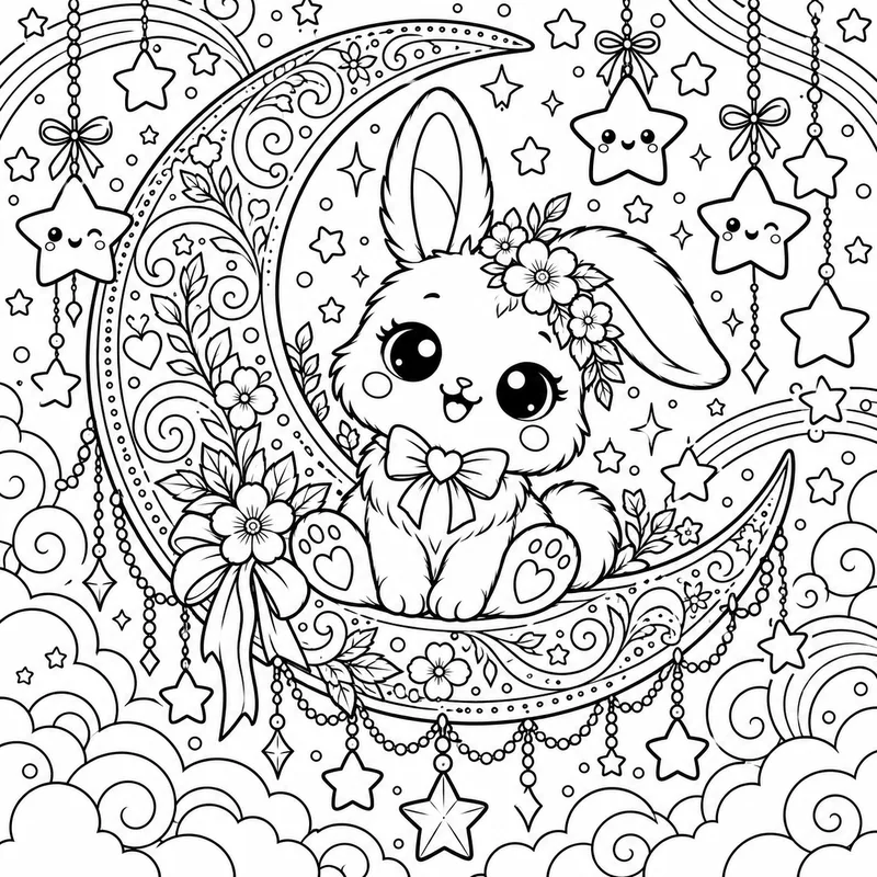 Cute Moon and Stars Bunny coloring page
