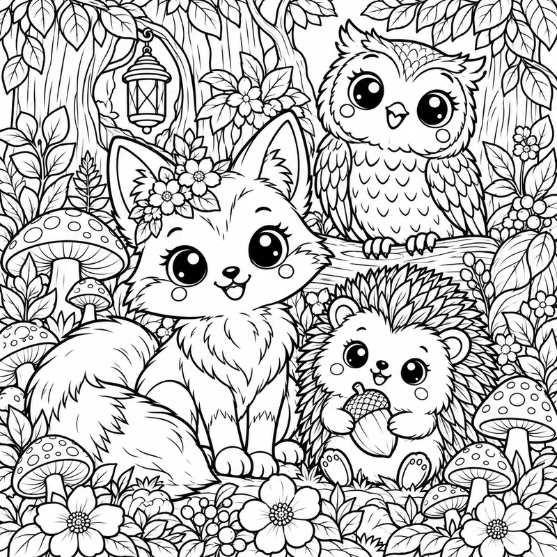 Cute Woodland Friends coloring page