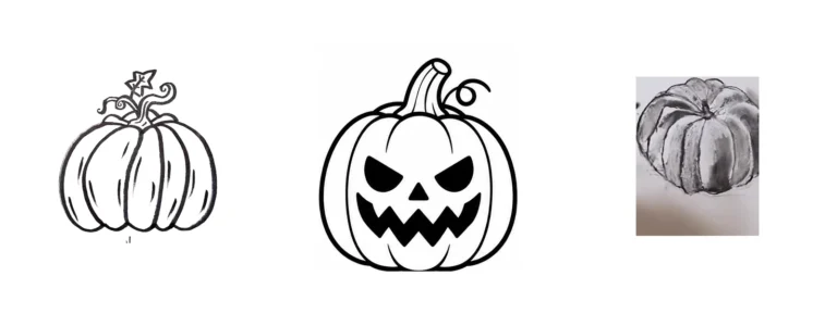 Three ways to draw a pumpkin: easy line pumpkin, jack-o'-lantern and shaded realistic pumpkin