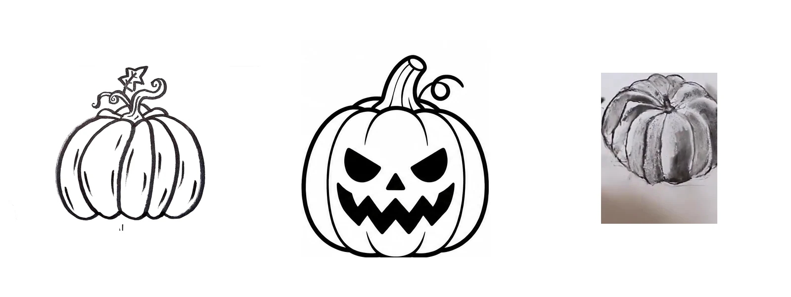 Three ways to draw a pumpkin: easy line pumpkin, jack-o'-lantern and shaded realistic pumpkin