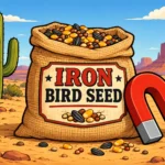 A sack of ACME iron bird seed with a red horseshoe magnet in the desert