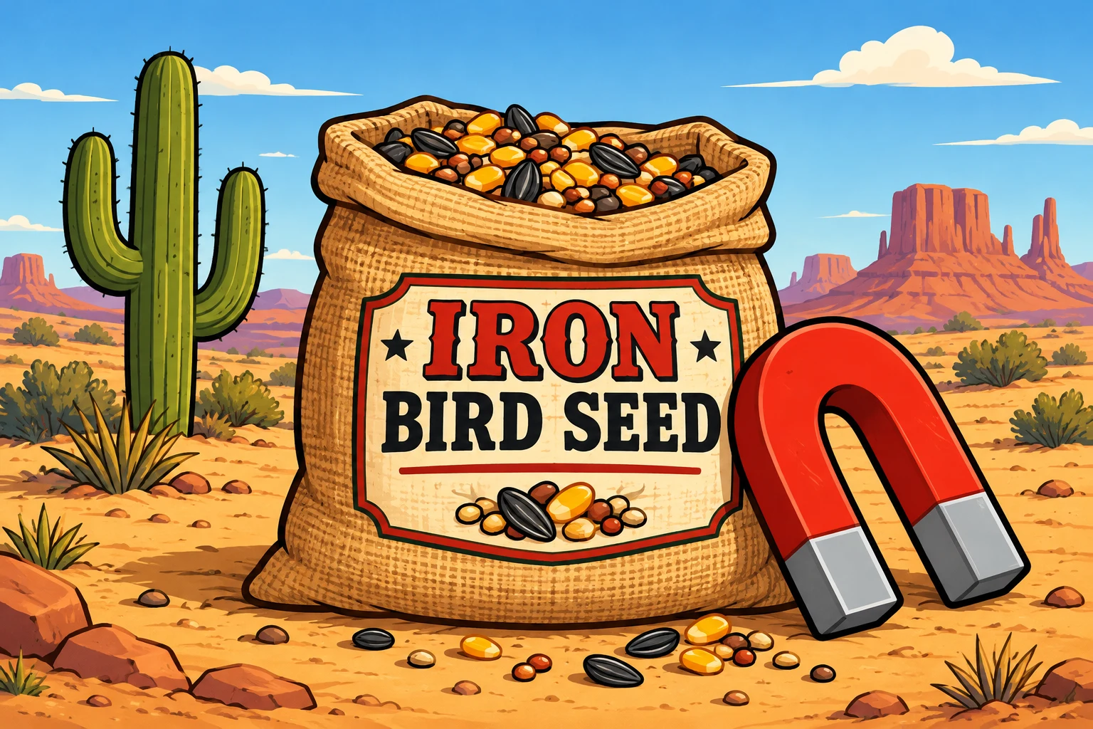A sack of ACME iron bird seed with a red horseshoe magnet in the desert