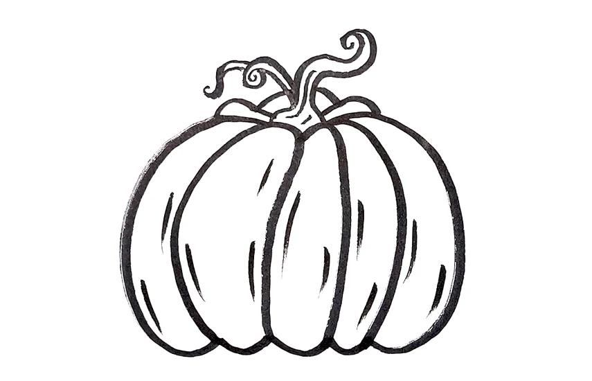 Pumpkin drawing step 5: curly vine and leaf